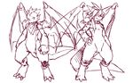  anthro athletic claws dragon duo fin hair horn kuroma looking_at_viewer male membranous_wings monochrome reptile scalie scarf sketch slim smile spc:reptile spikes wings 