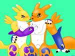  anthro black_sclera blue_eyes blush canine chest_tuft claws clothing dgfox digimon digital_media_(artwork) elbow_gloves featureless_crotch fox fur gloves green_eyes hair male mammal mostly_nude multicolored_fur navel orange_fur pubes renamon tuft yellow_fur 