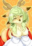  2017 abstract_background absurd_res anthro antlers big_breasts black_nose breasts brown_fur cervine cheek_tuft chest_tuft cleavage clothed clothing deer female front_view fur green_hair hair hair_ribbon hakama hi_res horn japanese_clothing kemono looking_at_viewer mammal megane_inu navel ribbons smile solo tan_fur tuft 