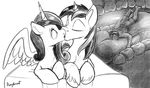  2016 clothing equine eyes_closed feathered_wings feathers female feral friendship_is_magic hair hooves horn human kissing long_hair lying male mammal micro monochrome my_little_pony ponythroat shining_armor_(mlp) teeth unicorn vore winged_unicorn wings 