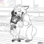  2018 anthro apron belly big_belly canine caprine clothed clothing disney female food fox fur gideon_grey hair hand_on_stomach hooves male male/female mammal monochrome one_eye_closed pie plantigrade pregnant rolling_pin sharla_(zootopia) sheep slightly_chubby smile store wastedtimeee wool zootopia 