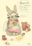  anthro clothed clothing deersun dialogue english_text fast_food female food fries fur green_eyes hair hat hi_res holding_food holding_object lagomorph made_in_abyss mammal mcdonald&#039;s nanachi narehate pants slightly_chubby solo speech_bubble tan_fur text topless white_hair 