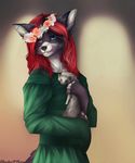 alenkavoxis ambiguous_gender anthro canine clothed clothing duo feral ferret flower fur girly hair looking_at_viewer mammal mustelid plant smile 