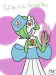  dialogue gardevoir invalid_tag looking_at_veiwer mysterywhiteflame nintendo nurse pok&eacute;mon simple_background video_games wide_eye 