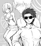  2boys alternate_costume arms_behind_back bare_shoulders bikini blush breasts cleavage detached_sleeves fate/grand_order fate_(series) father_and_daughter front-tie_bikini front-tie_top fujimaru_ritsuka_(male) greyscale hair_over_one_eye lancelot_(fate/grand_order) mash_kyrielight medium_breasts monochrome multiple_boys nkdume_(dadadadann) short_hair sunglasses sweatdrop swimsuit 