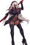  &gt;:) alternate_skin_color bangs bodysuit breasts commentary_request covered_navel covered_nipples dark_skin fate/grand_order fate_(series) gae_bolg high_heels holding holding_weapon large_breasts long_hair looking_at_viewer negresco parted_lips pauldrons polearm scathach_(fate)_(all) scathach_(fate/grand_order) silver_hair smile solo spear standing v-shaped_eyebrows veil very_long_hair weapon yellow_eyes 