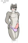  2017 anthro athletic blush canine chest_tuft clothing corporalbackrubs countershading digital_media_(artwork) erection fur grey_fur grey_hair hair hi_res humanoid_penis male mammal multicolored_fur panties penis poking_out short_hair simple_background sketch solo tuft two_tone_fur underwear white_background white_fur wolf 