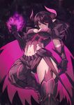  1girl black_hair breasts cape cleavage gore_magala horns long_hair monster_hunter personification pointy_ears purple_eyes solo thighhighs 