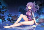  ao_no_kiseki arm_support bangs bare_legs barefoot blush breasts commentary_request eiyuu_densetsu from_side full_body gekka_nanako hair_ribbon half_updo highres large_breasts lily_pad long_hair looking_at_viewer looking_to_the_side pelvic_curtain purple_eyes purple_hair rain ribbon rixia_mao sitting sitting_on_water solo tabard white_ribbon zero_no_kiseki 