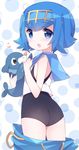  ass blue_sailor_collar blush eyebrows_visible_through_hair from_behind gen_7_pokemon hair_between_eyes hair_ornament hand_on_own_chest heart hug looking_at_viewer looking_back open_mouth pants_down pokemon pokemon_(creature) pokemon_(game) pokemon_sm popplio sailor_collar short_hair simple_background sleeveless smile solo suiren_(pokemon) swimsuit swimsuit_under_clothes thighs trial_captain watanon_(gakushokutei) white_background 