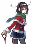 alternate_costume antlers black_hair brown_eyes capelet commentary_request gloves green_scarf hair_ornament hairband kantai_collection long_sleeves looking_at_viewer natsuyuki pantyhose pleated_skirt santa_costume scarf short_hair simple_background skirt smile solo standing tanikaze_(kantai_collection) white_background 