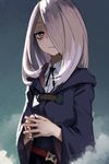  belt eyeshadow fog hair_over_one_eye half-closed_eyes highres hood light_smile little_witch_academia long_hair looking_at_viewer makeup pale_skin purple_hair red_eyes simple_background sketch solo steepled_fingers sucy_manbavaran treeware upper_body 