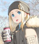  1boy beanie blonde_hair blue_eyes blue_sky blush borr can coat commentary_request day fur_trim gloves go_robots grey_gloves hat holding holding_can long_hair long_sleeves open_clothes outdoors sky solo ssss.gridman tongue tongue_out tree turtleneck twintails winter_clothes winter_coat 