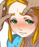  1girl blonde_hair blush embarrassed green_eyes hair_ornament hairclip hand_on_another's_face iku_(ikuchan_kaoru) long_hair looking_at_viewer open_mouth out_of_frame pov pov_hands princess_zelda simple_background sweat the_legend_of_zelda the_legend_of_zelda:_breath_of_the_wild thick_eyebrows wavy_mouth white_background work_in_progress 