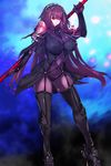  &gt;:) bangs bodysuit breasts commentary_request covered_navel covered_nipples fate/grand_order fate_(series) gae_bolg high_heels holding holding_weapon large_breasts long_hair looking_at_viewer negresco parted_lips pauldrons polearm purple_hair red_eyes scathach_(fate)_(all) scathach_(fate/grand_order) smile solo spear standing v-shaped_eyebrows veil very_long_hair weapon 