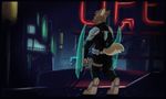  building canine detailed_background light_armor male mammal neon_lights nightstick paws raining science_fiction solo weapon wolf 