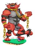  2017 arkanoego balls barefoot biceps black_fur chain claws dripping erection fangs fur grey_fur handcuffs hi_res incineroar looking_at_viewer male musclegut nintendo nipples nude onomatopoeia pecs penis pok&eacute;mon precum red_fur shackles sharp_teeth signature simple_background solo sound_effects standing stripes teeth toes vein veiny_penis video_games white_background 