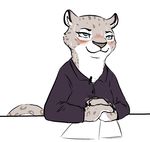  anthro blue_eyes blush clothed clothing disney fabienne_growley feline female fur leopard mammal nobody_(artist) sitting smile smirk snow_leopard solo spots spotted_fur suit zootopia 