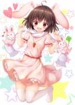 :3 :d absurdres ahoge animal_ears blush breasts brown_hair bunny bunny_ears carrot_necklace clover commentary_request dress folded_leg four-leaf_clover hands_up heart highres inaba_tewi jumping knees_together looking_at_viewer no_shoes open_mouth petticoat pink_dress puffy_short_sleeves puffy_sleeves red_eyes scarf short_dress short_hair short_sleeves small_breasts smile solo star starry_background suigetsu_(watermoon-910) thighhighs touhou white_background white_legwear white_scarf zettai_ryouiki 