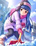  artist_request beanie black_hair black_legwear boots building cloud coat day full_body hat idolmaster idolmaster_cinderella_girls long_hair mittens official_art pantyhose pink_scarf red_eyes sajou_yukimi scarf snow snow_shovel solo winter_clothes 