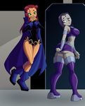  2girls ass breasts cosplay covering covering_ass from_behind from_side green_eyes multiple_girls panties purple_eyes purple_hair raven_(dc) raven_(dc)_(cosplay) red_hair starfire starfire_(cosplay) teen_titans 