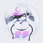  anthro big_breasts blush breasts cleavage cleavage_spill clothed clothing coat eyewear fangs female hair hat hood hoodie huge_breasts japanese_text kanji luna_paws moon simple_background slightly_chubby slit_pupils smutbunny text 