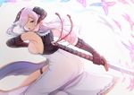  armpits bare_shoulders black_gloves blue_eyes blush breasts commentary_request draph dress from_side gloves granblue_fantasy hair_ornament hair_over_one_eye holding holding_weapon horns large_breasts lavender_hair long_hair looking_at_viewer looking_to_the_side narmaya_(granblue_fantasy) opanchu_(hakusen) open_mouth side_slit sideboob solo thigh_strap weapon white_dress 