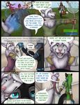  anthro canine clothed clothing comic cosplay english_text first_person_view girly group hand_holding male male/male mammal pinkushika smile staggard standing text 