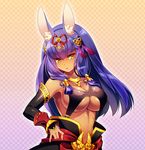  :o animal_ears breasts bunny_ears checkered checkered_background cleavage dark_skin detached_sleeves gradient gradient_background hair_ornament jewelry kanikame large_breasts long_hair masurao_(sekaiju) navel necklace open_mouth purple_hair sekaiju_no_meikyuu sekaiju_no_meikyuu_5 sidelocks solo upper_body yellow_eyes 