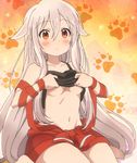  bare_shoulders barefoot blush breasts chiya_(urara_meirochou) highres long_hair midriff navel orange_eyes screencap solo sweatdrop underboob urara_meirochou very_long_hair white_hair 