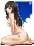  ass awa barefoot bikini black_hair blush breasts brown_eyes character_name covered_nipples kamizaki_makoto large_breasts long_hair parted_lips seiren side-tie_bikini sideboob sitting solo swimsuit wariza white_bikini 