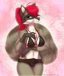 anthro black_nose breasts brown_eyes bulge clothed clothing dickgirl eyelashes fluffy fluffy_tail fur grey_fur hair intersex jewelry mammal navel necklace pink_hair purrchinyan raccoon solo underwear wide_hips 