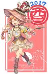  2017 animal animal_on_head arm_warmers ascot bangs bare_shoulders bird blush brown_dress brown_eyes brown_footwear brown_hat chicken chinese_zodiac colored_eyelashes detached_sleeves dress eyebrows_visible_through_hair full_body hair_between_eyes hand_up hat hexagram highres holding holding_wand keyhole komase_(jkp423) leg_warmers long_hair looking_at_viewer low-tied_long_hair low_twintails nest on_head one_eye_closed open_mouth orange_hair original outstretched_arm pinky_out pointy_ears pom_pom_(clothes) rooster shiny shiny_hair shoes sleeveless sleeveless_dress solo speech_bubble standing standing_on_one_leg twintails wand wide_sleeves witch_hat year_of_the_rooster 