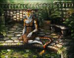  5_fingers anthro barefoot clothed clothing day detailed_background digitigrade feline female fish fur mammal marine orange_fur outside plant sidonie solo striped_fur stripes tiger water whiskers white_fur yellow_eyes 