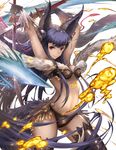  animal_ears bikini black_hair dual_wielding erune fox_ears fox_tail gloves granblue_fantasy holding long_hair looking_at_viewer red_eyes ryouku solo swimsuit sword tail thighhighs weapon yuel_(granblue_fantasy) 