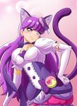  animal_ears blush cat_ears cat_tail choker cure_macaron earrings elbow_gloves extra_ears food_themed_hair_ornament fuchi_(nightmare) gloves hair_ornament hand_on_hip jewelry kirakira_precure_a_la_mode kotozume_yukari layered_skirt long_hair looking_at_viewer macaron_hair_ornament magical_girl pink_background precure purple purple_choker purple_eyes purple_hair purple_skirt ribbon skirt smile solo tail white_gloves 