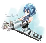  1girl aqua_(kingdom_hearts) blue_hair breasts detached_sleeves eyes_closed fingerless_gloves gloves keyblade kingdom_hearts_birth_by_sleep short_hair 