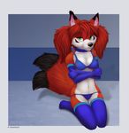  2017 anthro bikini breasts canine clothed clothing collar cute digital_media_(artwork) elbow_gloves female fox fur gloves green_eyes hair jamesfoxbr jully legwear lineless lineless_art looking_at_viewer mammal multi_tail red_fur simple_background skimpy solo stockings swimsuit thigh_highs 