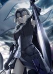  ahoge armor armored_dress armpits bangs black_gloves black_legwear blonde_hair blurry bracer breasts cape chain closed_mouth cloud depth_of_field elbow_gloves eyebrows_visible_through_hair fate/grand_order fate_(series) flag from_below frown fur-trimmed_cape fur_trim glint gloves haribote_(tarao) headpiece holding holding_sword holding_weapon jeanne_d'arc_(alter)_(fate) jeanne_d'arc_(fate)_(all) looking_at_viewer looking_down md5_mismatch outdoors short_hair sky solo standing sword thighhighs weapon yellow_eyes 