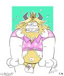  asgore_dreemurr balls blonde_hair blush bottomless caprine clothed clothing crown embarrassed flaccid fur goat hair male mammal musclegut penis pubes solo undertale unknown_artist video_games white_fur 