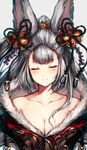 animal_ears bangs bare_shoulders blush breasts cleavage closed_eyes closed_mouth collarbone commentary_request erune eyebrows_visible_through_hair facing_viewer fur_trim granblue_fantasy grey_background hair_ornament highres large_breasts long_hair oyu_(sijimisizimi) ponytail silver_hair simple_background smile socie_(granblue_fantasy) solo 