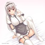  2016 :q artist_name bangs blush bottle breasts closed_mouth dated detached_sleeves dress dutch_angle eyebrows_visible_through_hair garter_straps hairband heart holding holding_bottle knee_up large_breasts long_hair looking_at_viewer milk_bottle miyai_sen no_shoes panties pantyshot pantyshot_(sitting) pinafore_dress pleated_skirt ponytail puffy_short_sleeves puffy_sleeves red_eyes short_sleeves silver_hair sitting skirt smile solo tadashii_seidorei_no_tsukaikata thighhighs tongue tongue_out underwear watermark white_legwear white_panties white_skirt 