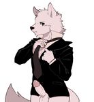  5_fingers alternate_version_available anthro balls blush bottomless canine circumcised clothed clothing erection humanoid_penis male mammal mintea necktie penis precum simple_background solo standing wolf 