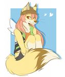  &lt;3 abstract_background amber_eyes anthro beanie blush brown_nose brown_tail button_(fastener) canine chest_tuft clothed clothing countershading dipstick_ears dipstick_tail elbow_tufts eyebrows eyelashes female fox full-length_portrait fully_clothed fur hair hat inner_ear_fluff leeomon lily_(leeomon) long_hair looking_at_viewer mammal multicolored_fur multicolored_tail pink_hair portrait shorts shoulder_tuft signature sitting slit_pupils smile solo tuft two_tone_fur vest whiskers white_fur white_tail wings yellow_fur yellow_tail 