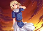  2016 arm_behind_back arm_up artist_name bangs blonde_hair breasts brown_sky closed_mouth cloud cloudy_sky cowboy_shot dated elena_stoddart evening eyebrows_visible_through_hair looking_at_viewer medium_breasts miyai_sen nun outdoors purple_eyes skirt sky smile solo watermark white_skirt ys ys_iii_wanderers_of_ys 