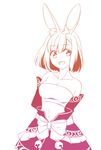  animal_ears arms_behind_back bare_shoulders breasts bunny_ears cleavage collarbone cowboy_shot detached_sleeves kanikame masurao_(sekaiju) medium_breasts midriff monochrome navel open_mouth ribbon sekaiju_no_meikyuu sekaiju_no_meikyuu_5 smile solo strapless tubetop 