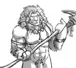  4dll3rwolf ajani_goldmane armor bracers braided_hair eye_scar feline flaccid front_view greyscale hair holding_object holding_weapon jewelry leonin lion magic_the_gathering male mammal mane melee_weapon monk&#039;s_spade monochrome muscular navel necklace pecs penis penis_base planeswalker polearm pubes scar sketch weapon 