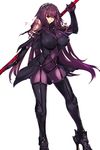  &gt;:) bangs bodysuit breasts commentary_request covered_navel covered_nipples fate/grand_order fate_(series) gae_bolg high_heels holding holding_weapon large_breasts long_hair looking_at_viewer negresco parted_lips pauldrons polearm purple_hair red_eyes scathach_(fate)_(all) scathach_(fate/grand_order) smile solo spear standing v-shaped_eyebrows veil very_long_hair weapon 