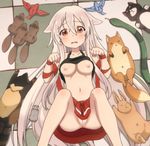  1girl animal anus arm_ribbon belly bird blush breasts bunny cat chiya_(urara_meirochou) fox hair_between_eyes long_hair lying mouse navel nipples orange_eyes paw_pose pussy raccoon red_eyes ribbon shirt_lift silver_hair skirt small_breasts snake squirrel tank_top tears tile_floor tiles urara_meirochou 