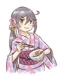  akebono_(kantai_collection) animal_print bell bowl chopsticks commentary eating fish_print flower food gyuudon hair_bell hair_flower hair_ornament japanese_clothes jingle_bell kantai_collection karasu_(naoshow357) kimono long_hair looking_at_viewer nakau purple_eyes purple_hair side_ponytail solo very_long_hair wavy_mouth white_background yukata 